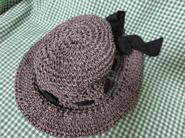 Cheer リボン付きペーパー編み帽子 グレ-ブラウン系 フリーサイズ調整 の写真1