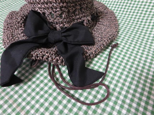 Cheer リボン付きペーパー編み帽子 グレ-ブラウン系 フリーサイズ調整 の写真4